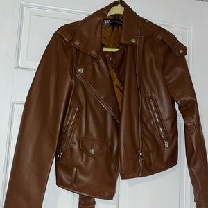 Zara Brown Leather Biker Jacket